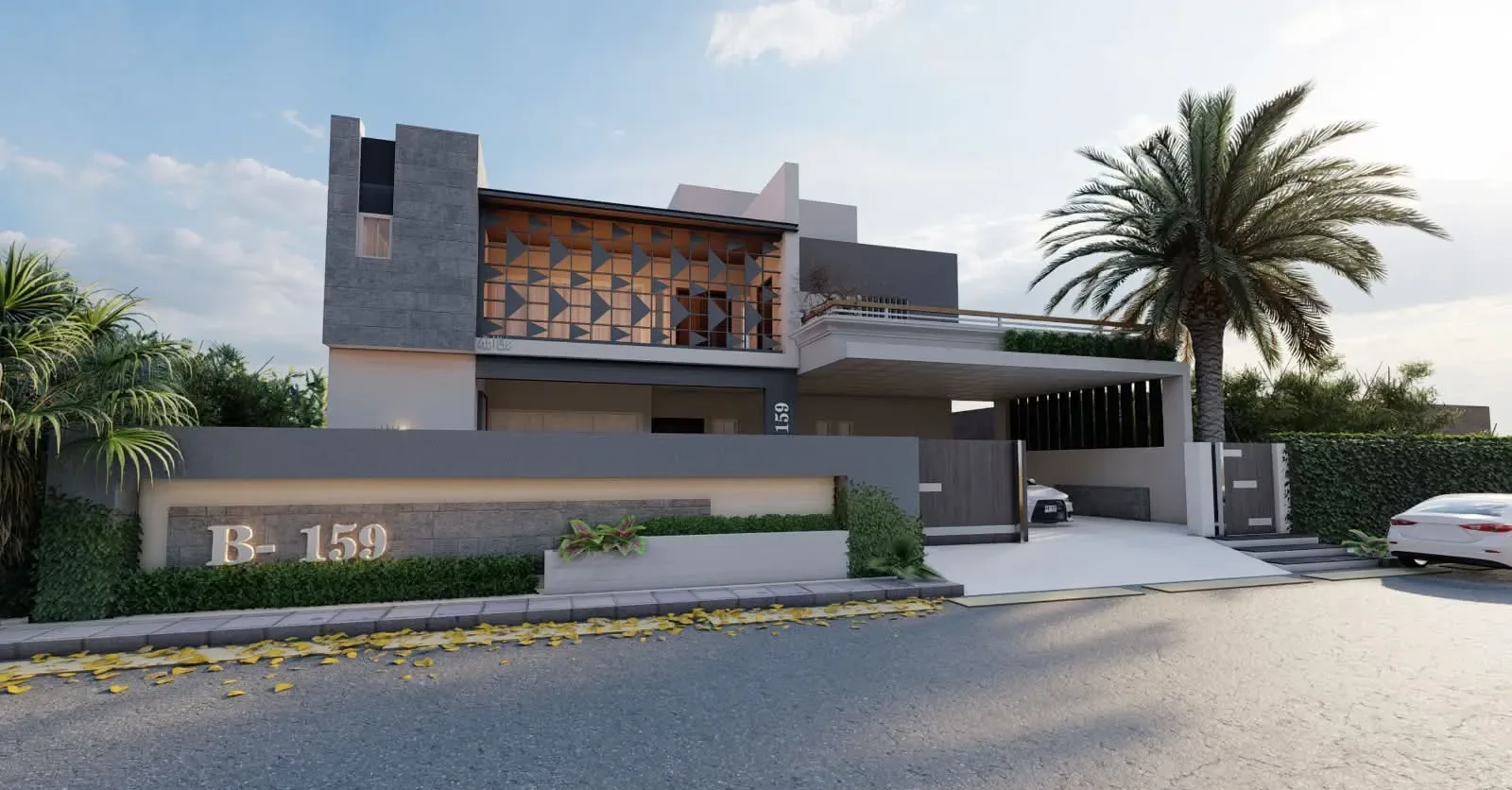 Residence B-159 with a patterned timber screen, grey stone tower and covered car porch