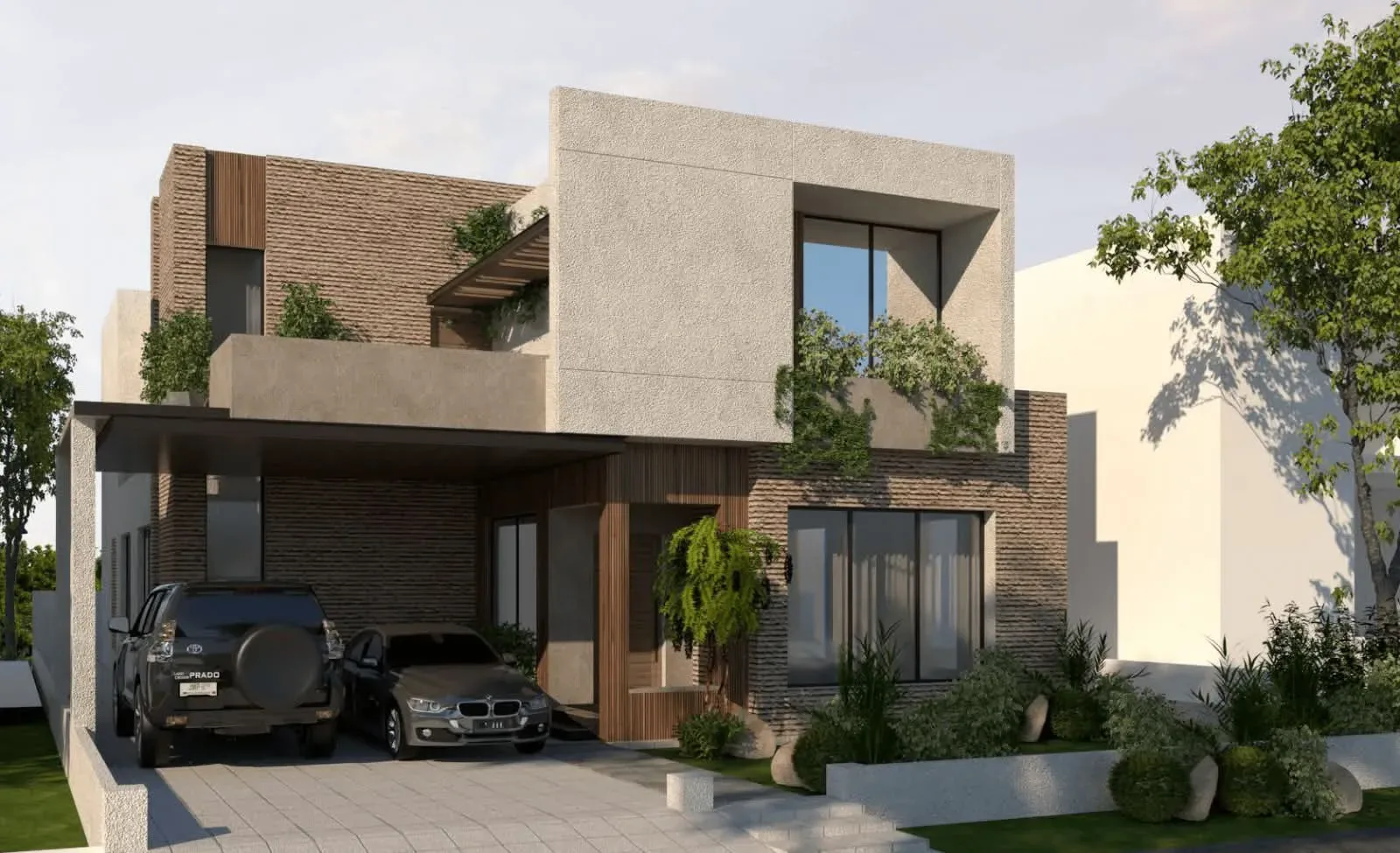 Contemporary house in textured brick, render and timber with planted terraces