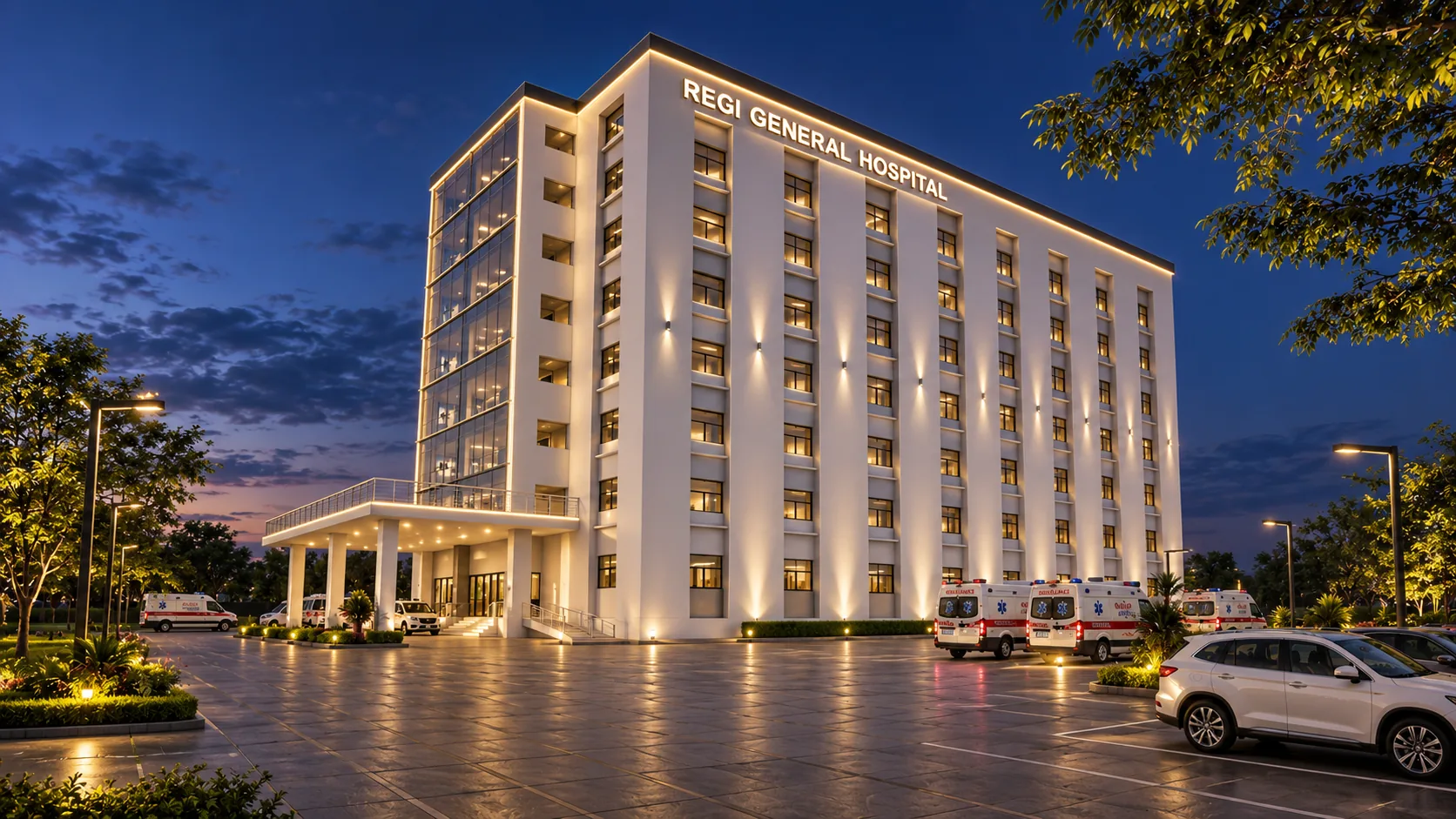 Regi General Hospital, a white multi-storey hospital with a glazed corner and facade lighting at dusk
