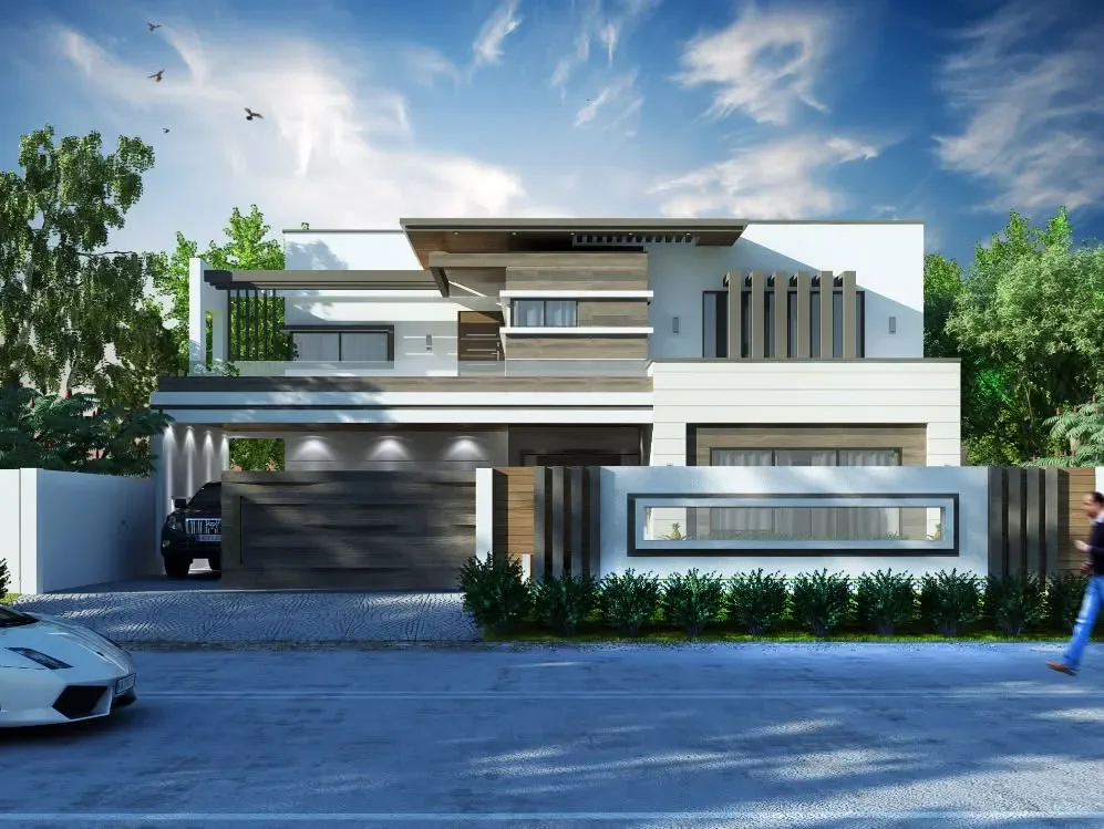 White modern residence with timber cladding, vertical fins and a framed boundary wall